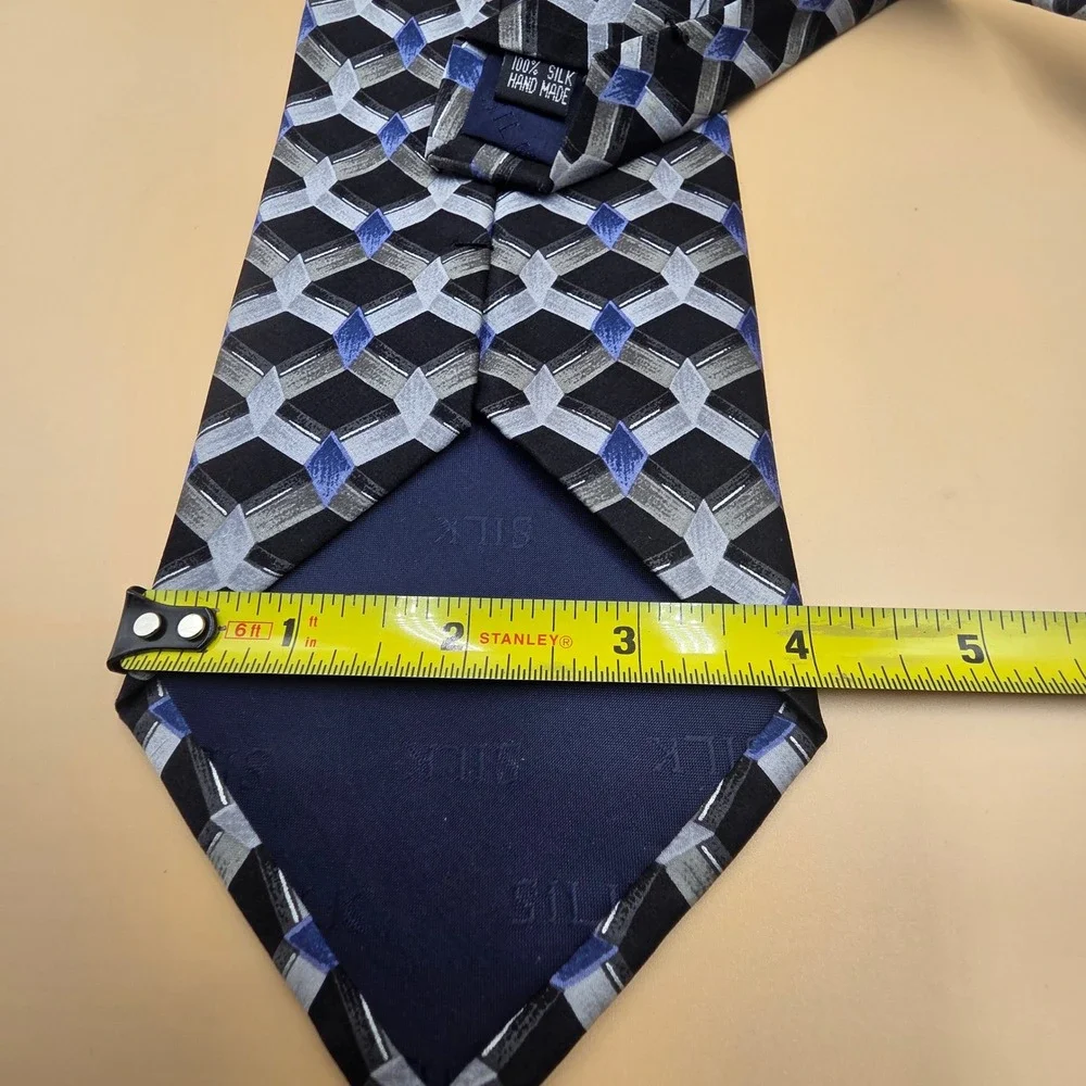Laurant Benon Paris Mens Silk Tie Blue Grey Black Geometric Geometric Hand Made